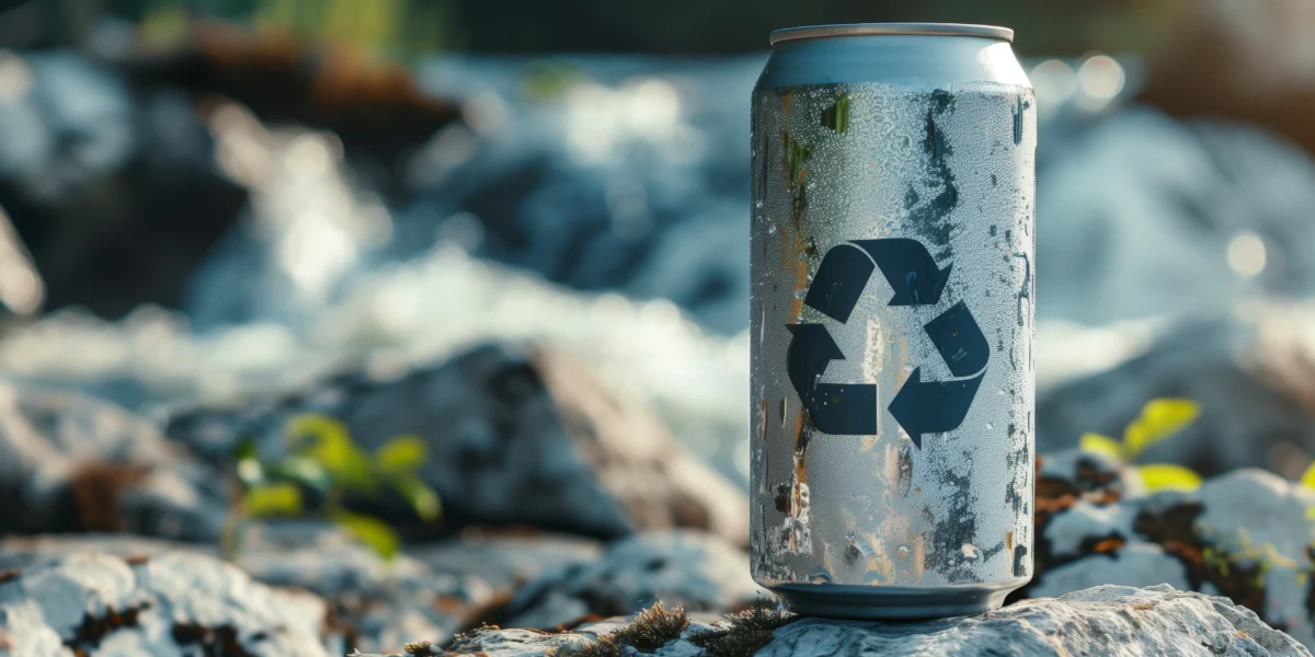 A discarded aluminum can with a recycling symbol lies on rocks near a flowing river.